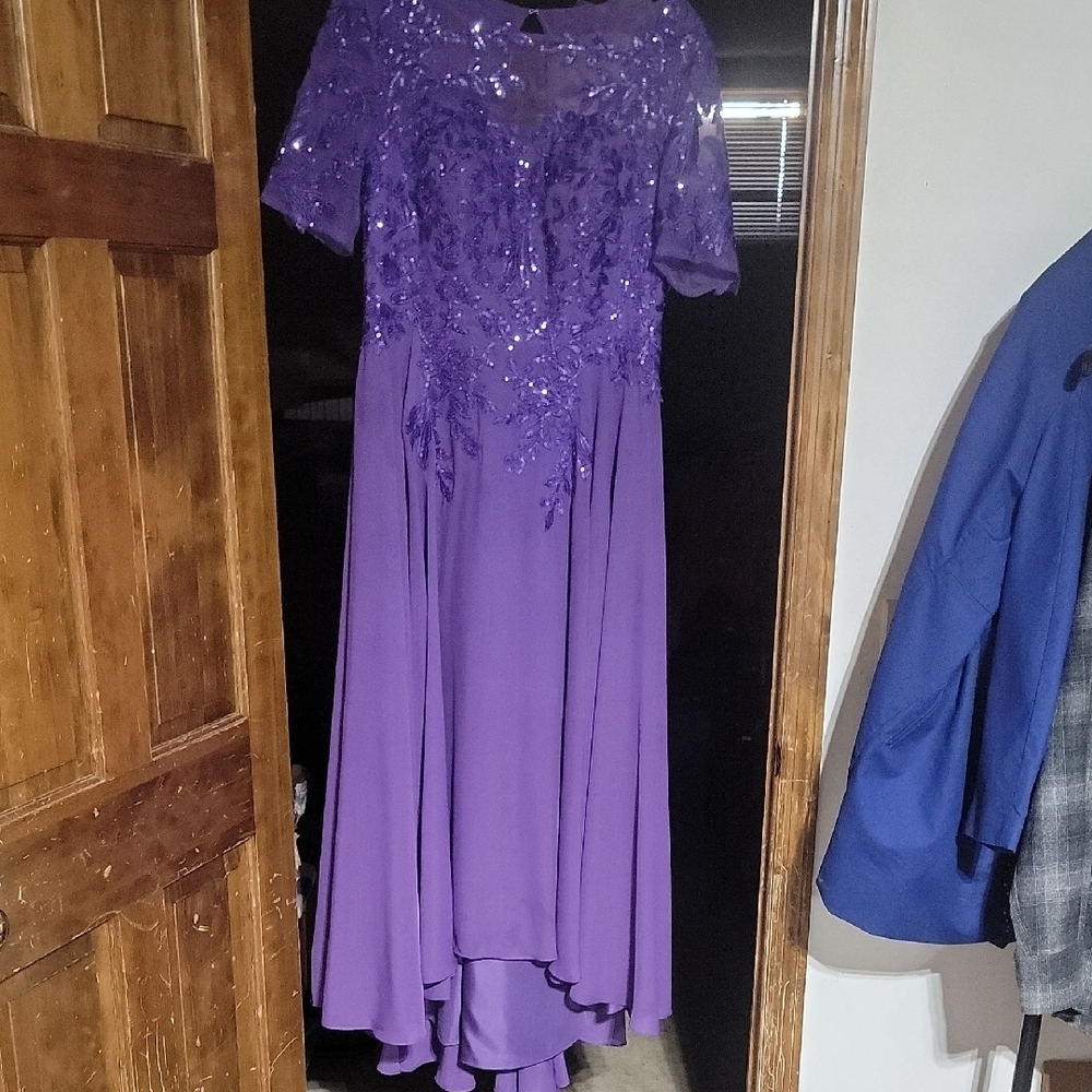 Purple Asymmetrical High-Low Gown with Flutter Sleeves